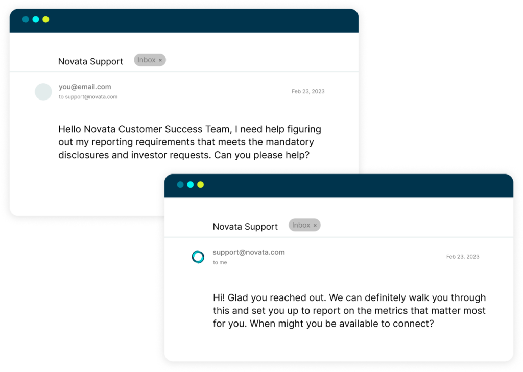 Chat exchange between Novata support and client
